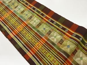 格子に抽象葉模様織出し名古屋帯